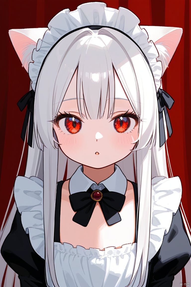 1girl, loli,solo,white hair,long hair,bangs,red eyes,maid,maid headdress,cat ears,,, meme,,upper_body, overexpression, , Random emotion,
