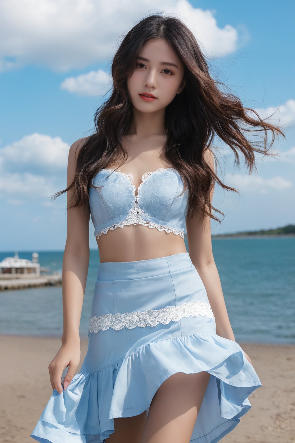 Surreal Portrait Photography of hubggirl, 
ultra realistic,best quality ,photorealistic,Extremely Realistic, in depth, cinematic light,

1girl,(long hair:1.4),outdoors,(front:1.3),(standing:1.3),seaside,cloudy sky,High-low skirt,(cowboy_shot:1.2),navelwavy hair,

perfect hands, perfect lighting, vibrant colors, intricate details, high detailed skin, intricate background, 
realistic, raw, analog, taken by Canon EOS,SIGMA Art Lens 35mm F1.4,ISO 200 Shutter Speed 2000,Vivid picture, 