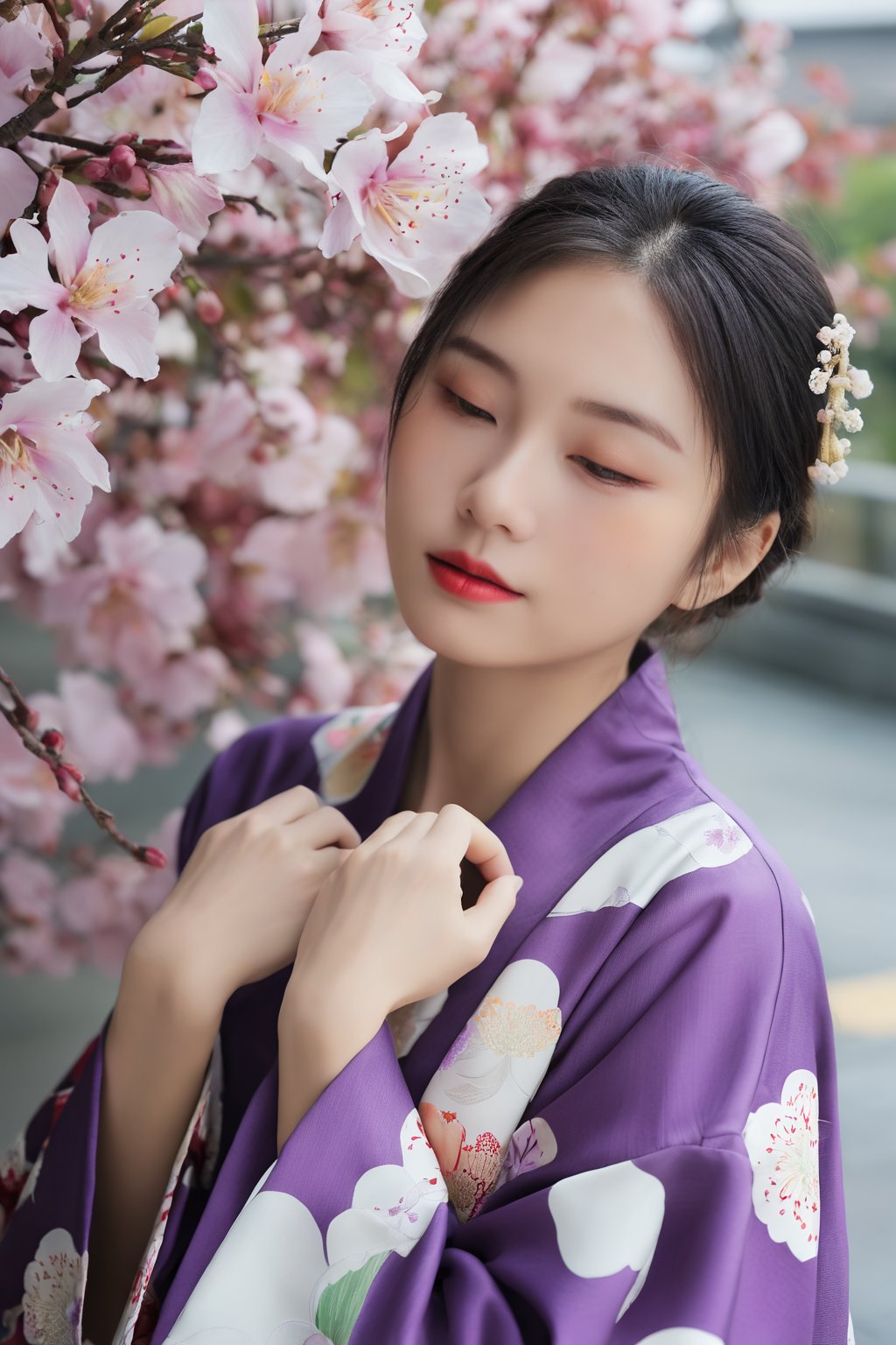 Surreal Portrait Photography of hubggirl, 
ultra realistic,best quality ,photorealistic,Extremely Realistic, in depth, cinematic light,

((Kyoto, detailed floral kimono, purple kimono, outdoor)), half updo, happiness, 

perfect hands, perfect lighting, vibrant colors, intricate details, high detailed skin, intricate background, 
realistic, raw, analog, taken by Canon EOS,SIGMA Art Lens 35mm F1.4,ISO 200 Shutter Speed 2000,Vivid picture, 
