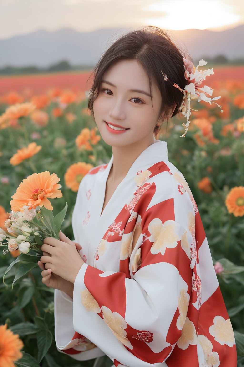 Surreal Portrait Photography of hubggirl, 
ultra realistic,best quality ,photorealistic,Extremely Realistic, in depth, cinematic light,

Japanese girl, Hair Ornament, Hairpin, Comb, Kimono, Light smile, looking at camera, cowboy shot, flower field, dramatic composition with sunset, dynamic pose,  

perfect hands, perfect lighting, vibrant colors, intricate details, high detailed skin, intricate background, 
realistic, raw, analog, taken by Canon EOS,SIGMA Art Lens 35mm F1.4,ISO 200 Shutter Speed 2000,Vivid picture, 