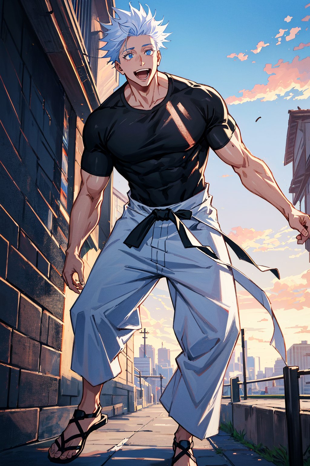 1 boy, edge light, Gojo Satoru, powerful sorcerer, tight black t-shirt, loose white pants, bright blue eyes, white hair, happy, city background, Jujutsu Kaisen, mix of fantasy and realism, special effects, fantasy, ultra HD, HDR, 4K,