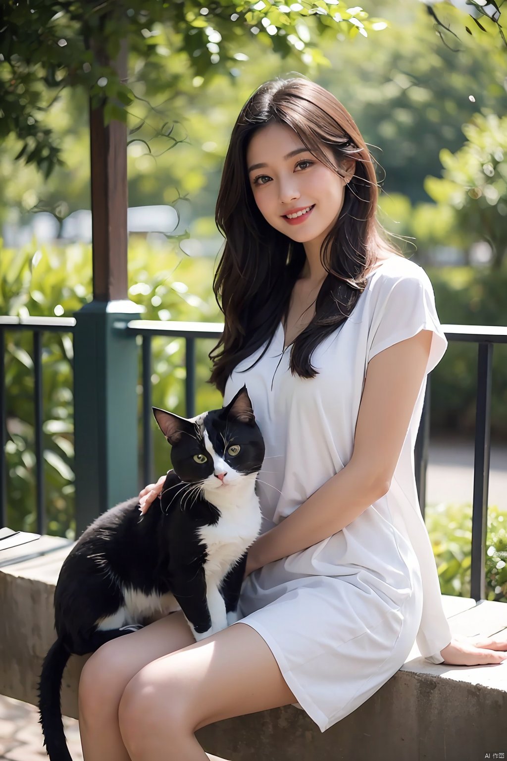  The image features a beautiful young Asian woman with long, dark hair sitting on a balcony with a cat in the background. The woman is looking into the camera with a smile on her face, her eyes sparkling with joy and contentment. Her hair is neatly styled and her makeup is natural yet enhance her features. She wears a black coat that complements her skin tone. The lighting in the image is natural and warm, casting a soft glow on the woman and the surrounding environment. The colors in the image are vibrant and rich, with the blue sky and green trees in the background providing a beautiful contrast to the woman and the cat. The style of the image is casual yet elegant, with the woman's outfit and the setting creating a relaxed and comfortable atmosphere. The quality of the image is excellent, with sharp details and smooth transitions between colors and tones. The woman's action in the image is sitting and smiling, with her hands resting on the railing. Her posture and facial expression convey a sense of happiness and contentment, as if she is enjoying a peaceful and pleasant moment. The woman's expression and the overall atmosphere of the image suggest a sense of relaxation and enjoyment. She seems to be in a good mood, perhaps enjoying a leisurely day or spending time with her cat. The image captures a moment of tranquility and happiness, making it a beautiful and memorable scene.,Film Photography