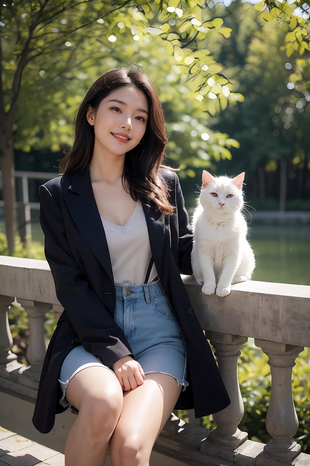  The image features a beautiful young Asian woman with long, dark hair sitting on a balcony with a cat in the background. The woman is looking into the camera with a smile on her face, her eyes sparkling with joy and contentment. Her hair is neatly styled and her makeup is natural yet enhance her features. She wears a black coat that complements her skin tone. The lighting in the image is natural and warm, casting a soft glow on the woman and the surrounding environment. The colors in the image are vibrant and rich, with the blue sky and green trees in the background providing a beautiful contrast to the woman and the cat. The style of the image is casual yet elegant, with the woman's outfit and the setting creating a relaxed and comfortable atmosphere. The quality of the image is excellent, with sharp details and smooth transitions between colors and tones. The woman's action in the image is sitting and smiling, with her hands resting on the railing. Her posture and facial expression convey a sense of happiness and contentment, as if she is enjoying a peaceful and pleasant moment. The woman's expression and the overall atmosphere of the image suggest a sense of relaxation and enjoyment. She seems to be in a good mood, perhaps enjoying a leisurely day or spending time with her cat. The image captures a moment of tranquility and happiness, making it a beautiful and memorable scene.,Film Photography