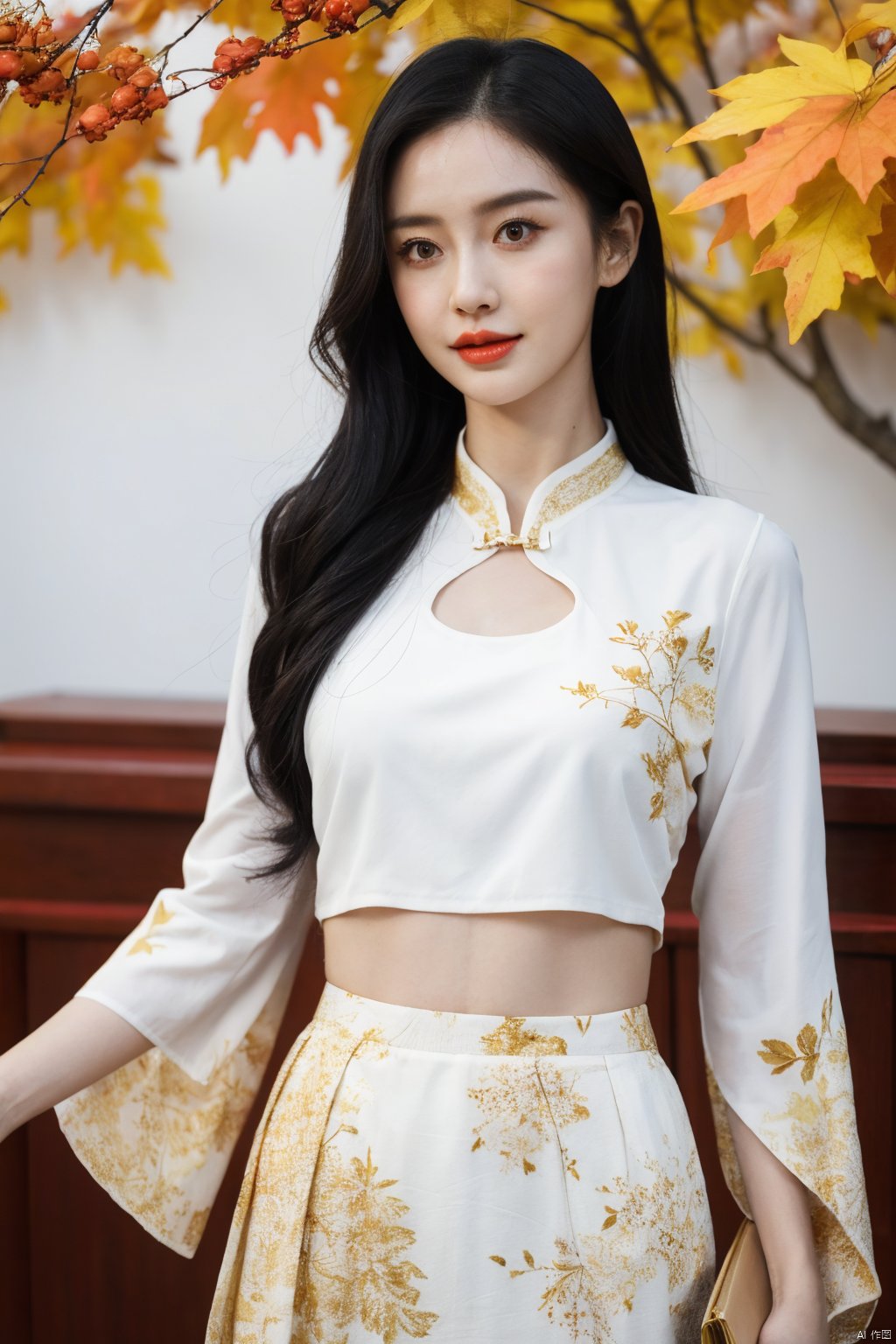  1 girl, wearing a white dress with floral patterns printed on it, featuring gold and white themes for a sense of coordination, order, half body, close-up, upper body, outdoor, front, best image, fallen leaves, branches, autumn leaves, Chinese clothing, ancient style, Chinese long skirt, long sleeves, double layered light gauze skirt, brown eyes, black hair, ultra-high definition, super-resolution, high-resolution,