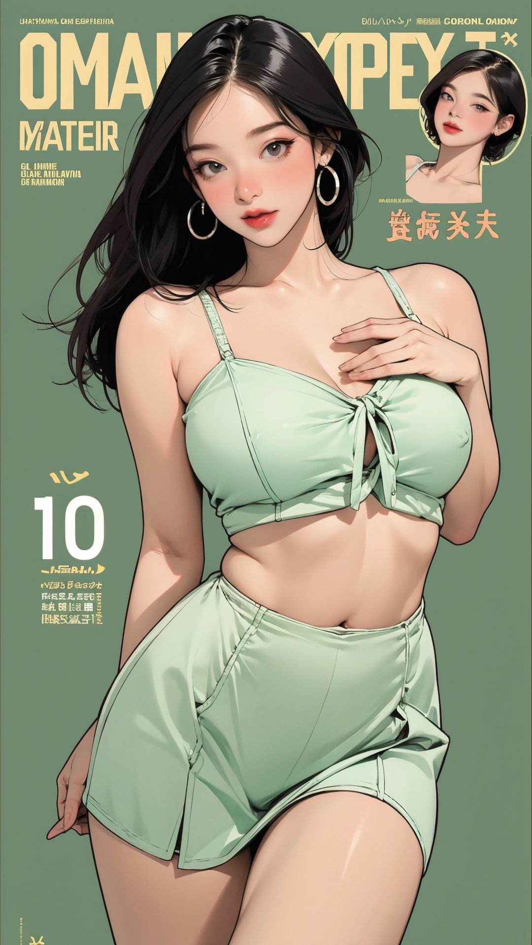 1girl, standing, thigh up body, ((looking at viewer, center opening,)) 2D artstyle, magazine cover, outline, earings, blush, green background, hairstyle, ultra detailed, best quality, sharp focus, ,DiaSondef,sophiesw,Mia ,Anna ,mthanhh,minatw,momo,sanatw,aespakarina,wintracy