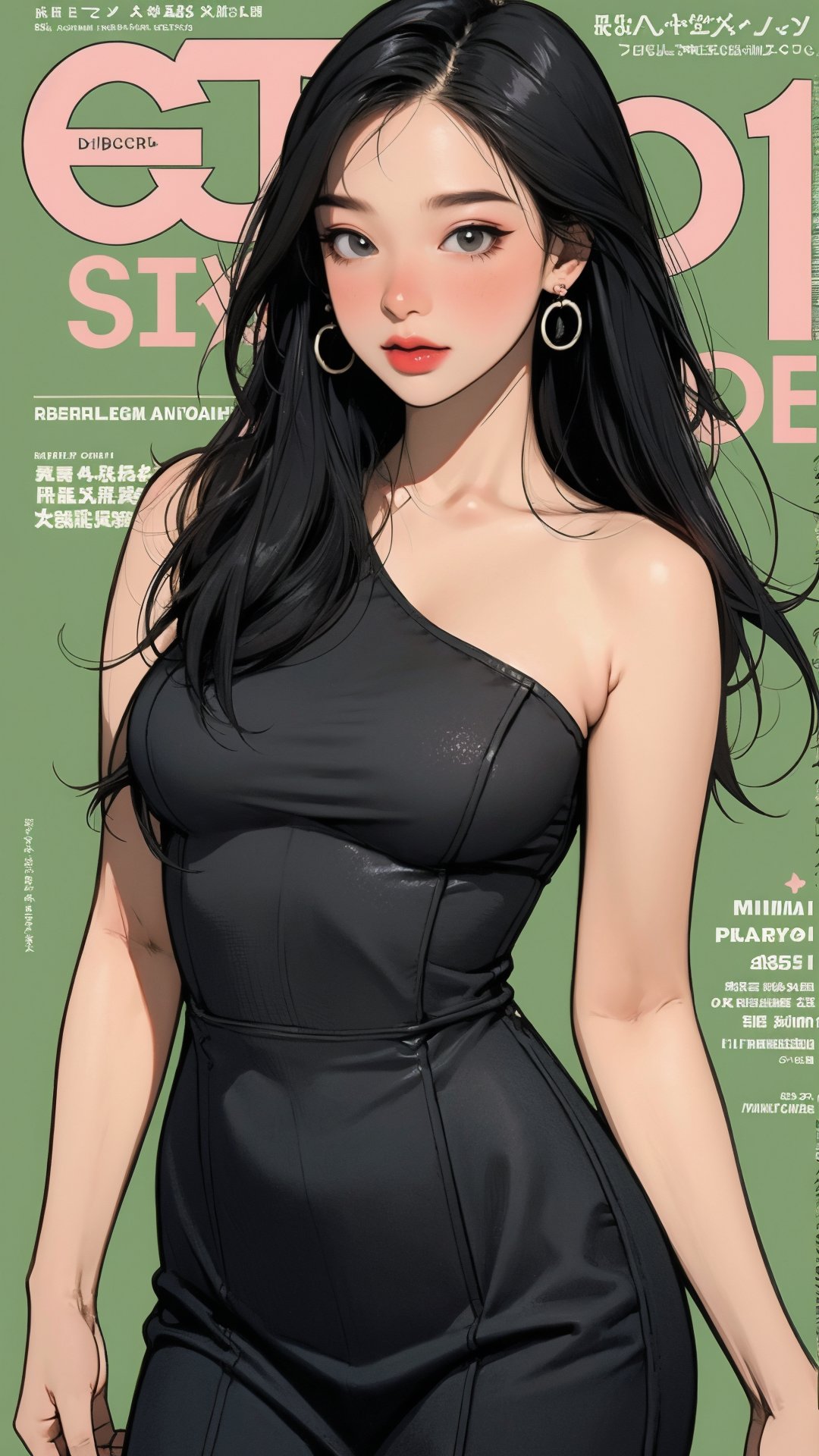 1girl, standing, thigh up body, ((looking at viewer, center opening,)) 2D artstyle, magazine cover, outline, earings, blush, green background, hairstyle, ultra detailed, best quality, sharp focus, ,DiaSondef,sophiesw,Mia ,Anna ,mthanhh,minatw,momo,sanatw,aespakarina,wintracy