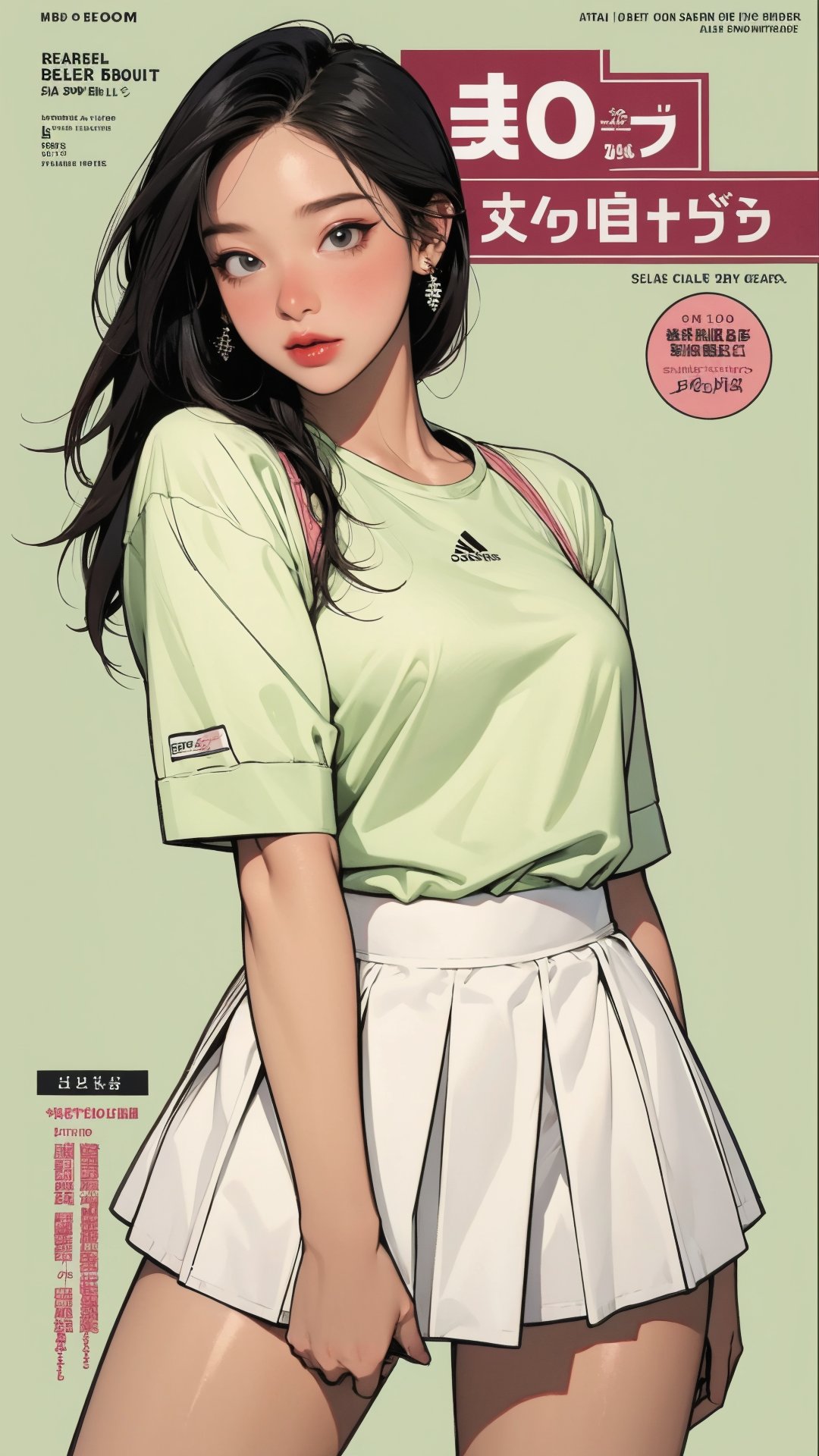 1girl, standing, thigh up body, ((looking at viewer, tennis girl outfit, center opening,)) 2D artstyle, magazine cover, outline, earings, blush, green background, hairstyle, ultra detailed, best quality, sharp focus, ,DiaSondef,sophiesw,Mia ,Anna ,mthanhh,minatw,momo,sanatw,aespakarina,wintracy