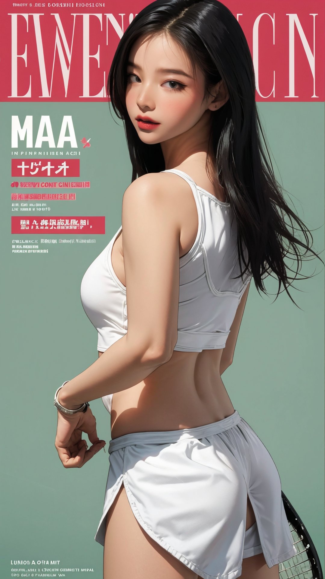 1girl, standing, thigh up body, ((looking at viewer, tennis girl outfit, center opening,)) 2D artstyle, magazine cover, outline, earings, blush, green background, hairstyle, ultra detailed, best quality, sharp focus, ,DiaSondef,sophiesw,Mia ,Anna ,mthanhh,minatw,momo,sanatw,aespakarina,wintracy