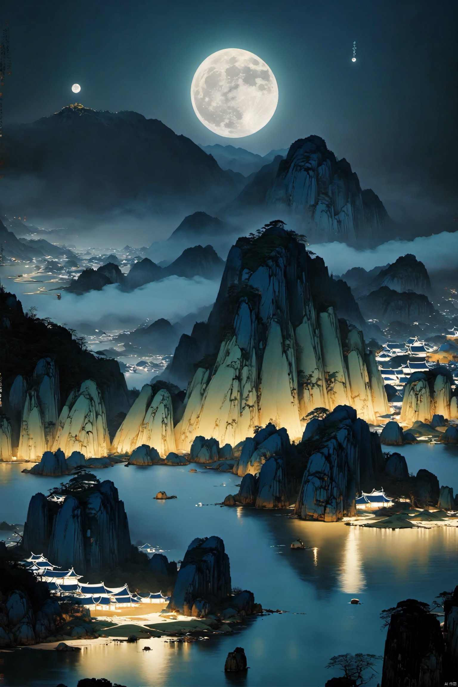 best quality,masterpiece,extremely delicate and beautiful,extremely detailed,ultra high res, youhua,unity,8kwallpaper,aesthetic,finely detail,ultra-detailed,high res,youhua,At night, a starlit sky adorns the darkness with twinkling diamonds, as the moon bathes everything in a mystical silver glow,