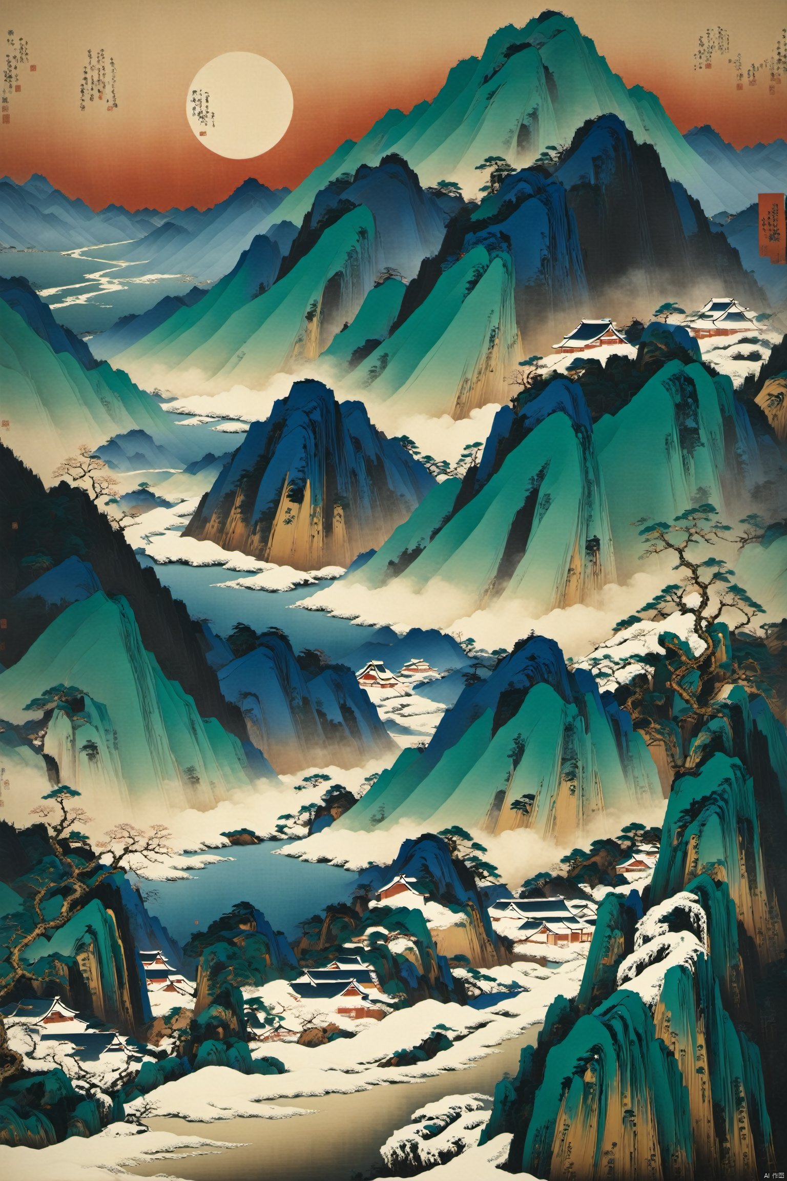 ukiyo-e, A mountain path illuminated by lanterns on a snowy day, winding through a serene winter landscape.Best quality, masterpiece, official art,claborate-style painting,cloud,