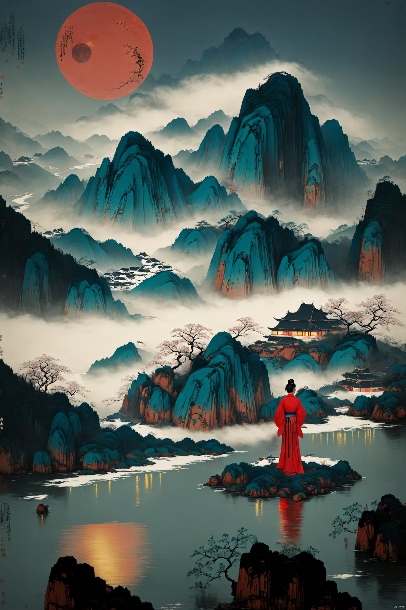  A girl, alone, long hair, looking at the audience, black hair, hair accessories, long sleeves, clothes, hugging, standing, flowers, outdoors, looking back, water, hair bun, from behind, tree, Belt, Chinese clothes, moon, red clothes, insects, butterflies, hands with lanterns, railings,branches,bridges,Hanfu,月上枝头, traditionalchineseinkpainting,荷塘月色,山竹春色,keaiduo,小心思,山水如画,雪景