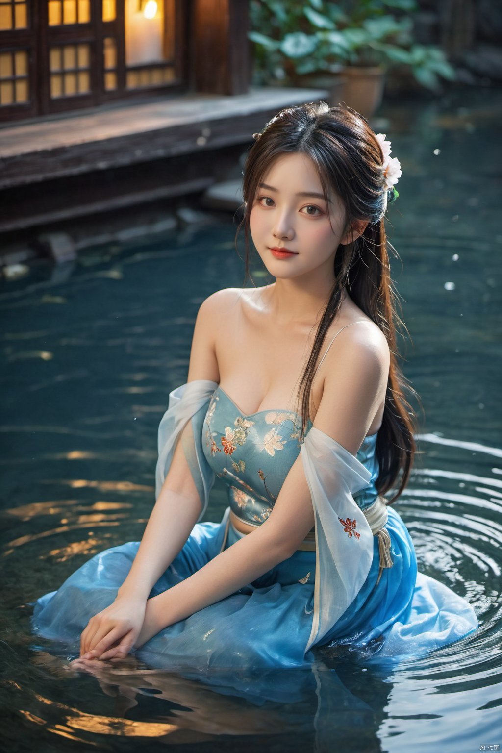  photo,Ultra-realistic,bottu,1girl,A shy smile,chinese hanfu,Bare shoulder,best quality, masterpiece, ultra-high resolution, HDR, UHD, 64K, official art,(photorealistic), (realistic),depth of field,outdoors,(night),(dim light),(onsen, flower arrangement),floating hair,long hair,dark brown hair,(full body),arms at sides,seductive pose,(wedge heels),(blue pantyhose),pencil skirt,(sitting),(large breasts),(solo_focus),looking_at_viewer,(fit and petite body, busty),(curvy),(under the water),(wet hair, wet shirt),