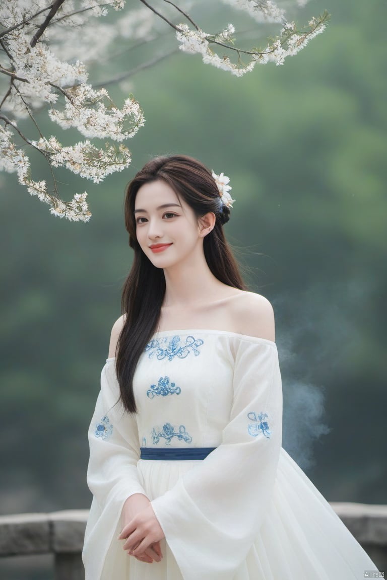  best quality, masterpiece,cowboy_shot,(Good structure),,a girl,xianjing,Off-the-shoulder, bust photo,upper body,Hanfu, Cloud, Smoke,branch,flower, smile,Gaze at the audience, Ink scattering_Chinese style, ((poakl)), ,looking_at_viewer,kind smile, , chinese dress,white dress, liuyifei,long_hair, Anne Hathaway