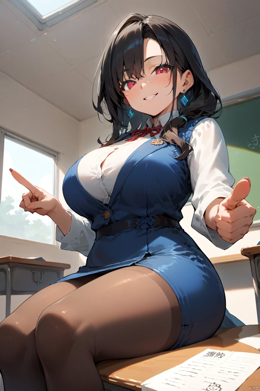 score_9, score_8_up, score_7_up,  pov, source_anime BREAK  pov: looking up at seated giantess, sitting on desk, mature, teacher, classroom, glasses, blue dress, white blouse, long black hair, blush, smile, pantyhose,  from below, BREAK holding a piece of paper with a red "F" on it, pointing towards foot,Fantasy clothes futuristic japan culture,Oatmealdood style