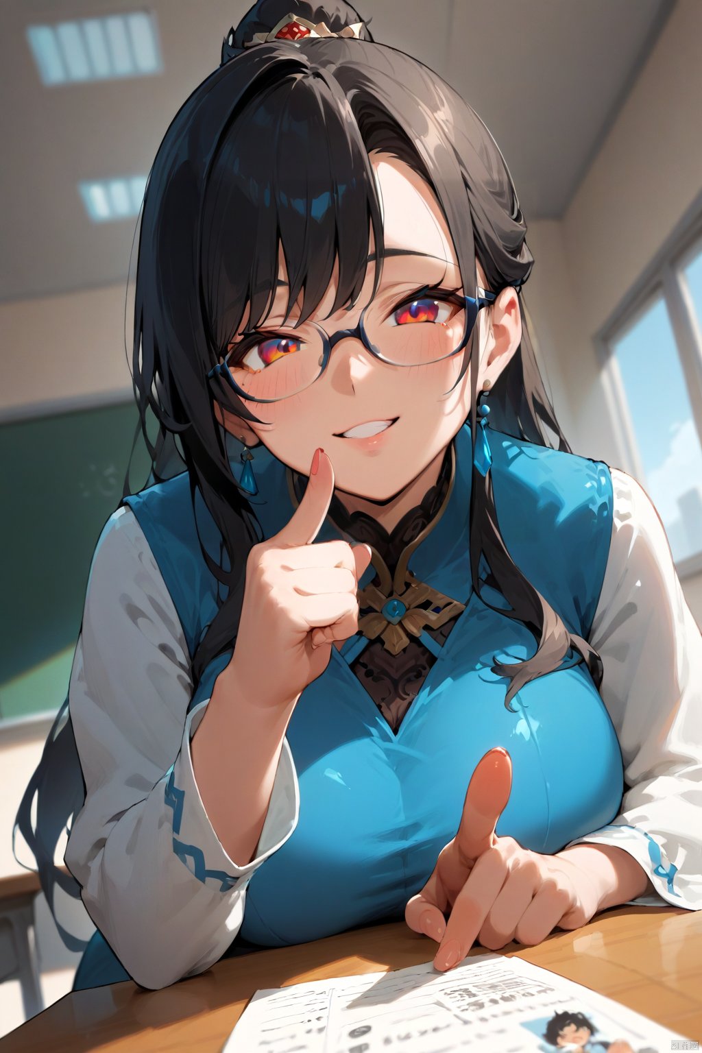 score_9, score_8_up, score_7_up,  pov, source_anime BREAK  pov: looking up at seated giantess, sitting on desk, mature, teacher, classroom, glasses, blue dress, white blouse, long black hair, blush, smile, pantyhose,  from below, BREAK holding a piece of paper with a red "F" on it, pointing towards foot,Fantasy clothes futuristic japan culture,Oatmealdood style