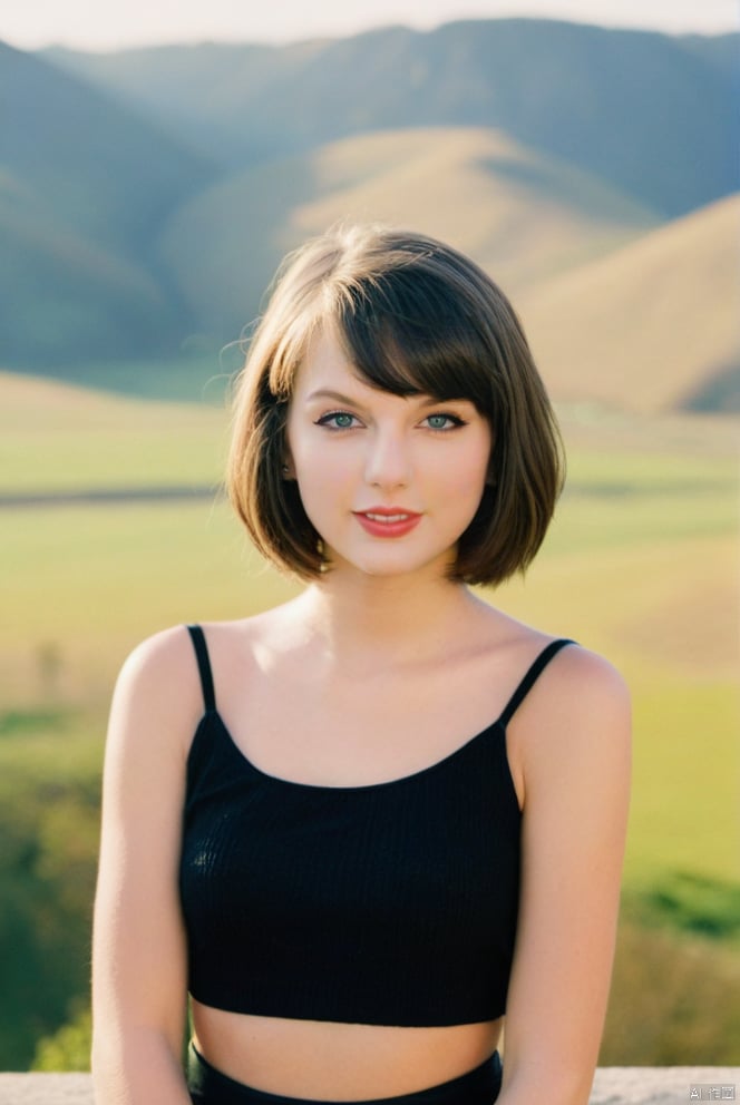  beautiful girl standing with beautiful vally in background, age 20, black short hair, waist shot, dynamic pose, smiling, dressed in fashion outfit, beautiful eyes, sweet makeup, 35mm lens, beautiful lighting, photorealistic, soft focus, kodak portra 800, 8k, ,Taylor Swift