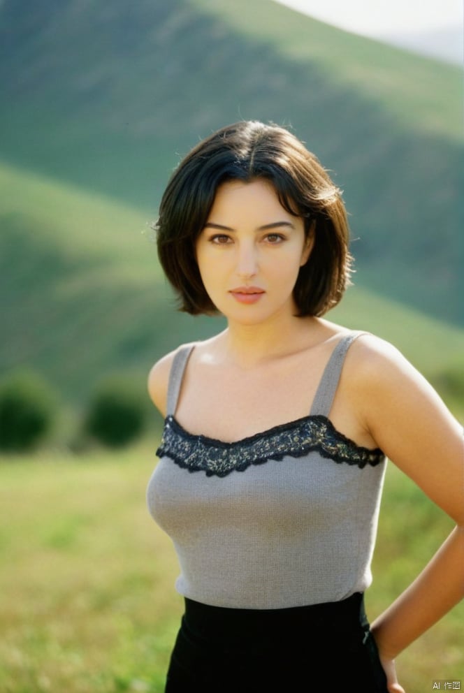  beautiful girl standing with beautiful vally in background, age 20, black short hair, waist shot, dynamic pose, smiling, dressed in fashion outfit, beautiful eyes, sweet makeup, 35mm lens, beautiful lighting, photorealistic, soft focus, kodak portra 800, 8k, Monica Bellucci