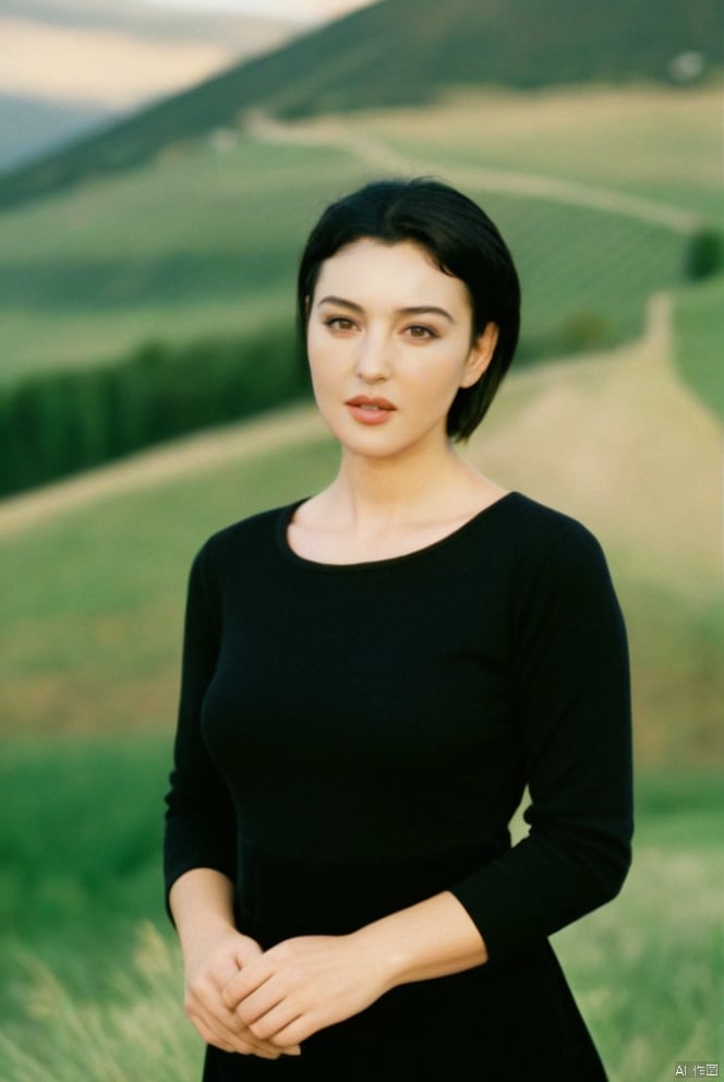  beautiful girl standing with beautiful vally in background, age 20, black short hair, waist shot, dynamic pose, smiling, dressed in fashion outfit, beautiful eyes, sweet makeup, 35mm lens, beautiful lighting, photorealistic, soft focus, kodak portra 800, 8k, Monica Bellucci