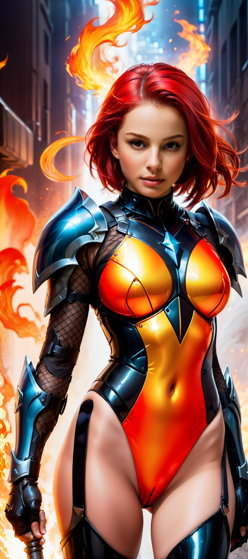 1 girl, Flame body, masterpiece, top quality,phoenix dark is x-men, beautiful and aesthetic:1.2, (1girl:1.3), (full body:1.5),red suitbody ,looking at viewer,fire hair, extreme detailed,(fire hands:1.5),fire,smoke,goddess, detailed, detail fingers, detail face, masterpiece,ultra realistic,32k,extremely detailed CG unity 8k wallpaper, best quality, Cinematic photography, movie mood, cinematic light, compelling composition, storytelling elements, conveys emotion, mood, and narrative depth, creating visually striking images that feel like still frames from a film, Cinematic portrait photography, capture subject in a way that resembles a still frame from a movie, cinematic lighting, story, narrative quality, drawing viewers into the scene and evoking a sense of cinematic immersion, capturing emotion, professional, engaging, compelling composition, night photography, nocturnal beauty, city lights, starry skies, celestial wonders, moonlit landscapes, urban glow, capturing the essence of darkness, ethereal atmosphere, dramatic shadows, magical ambiance, long exposure techniques, expert use of light sources, Heavenly Breasts,COLORFUL GRADIENT,score_9_up score_8_up score_7_up,DAMIMI,Spear and Shield,UTASHIMADG fishnets mecha leotard armor, HKMAGIC,Wearing fist gauntlets, HKSTYLE,MECHA ANGEL SOLDIER,((Hold spear and huge shield in front of body:1.5)),Hold spear and Shield,MAD-HVYBDYARMR HEAVY BODY ARMOR HELMET, Spell rings,***y body,