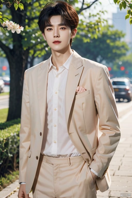 masterpiece,1 boy,18 years old,Look at me,Business suit,Lovely,Short hair,Korean men's hair,Aisle,Spring,Peach tree,Falling petals,textured skin,super detail,best quality,Cinematic Lighting,Tyndall effect,