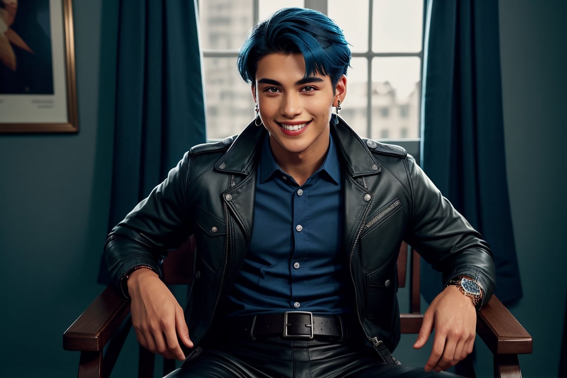 solo, looking at viewer,serious ,short hair, shirt, red eyes, 1boy, jewelry, sitting, blue hair, jacket, male focus, earrings, alternate costume, collared shirt, belt, pants, indoors, dark skin, grin, black jacket, window, chair, black pants,, dark-skinned male, suspenders, pectorals, watch, jacket on shoulders, wristwatch, dark blue hair, hair strand,