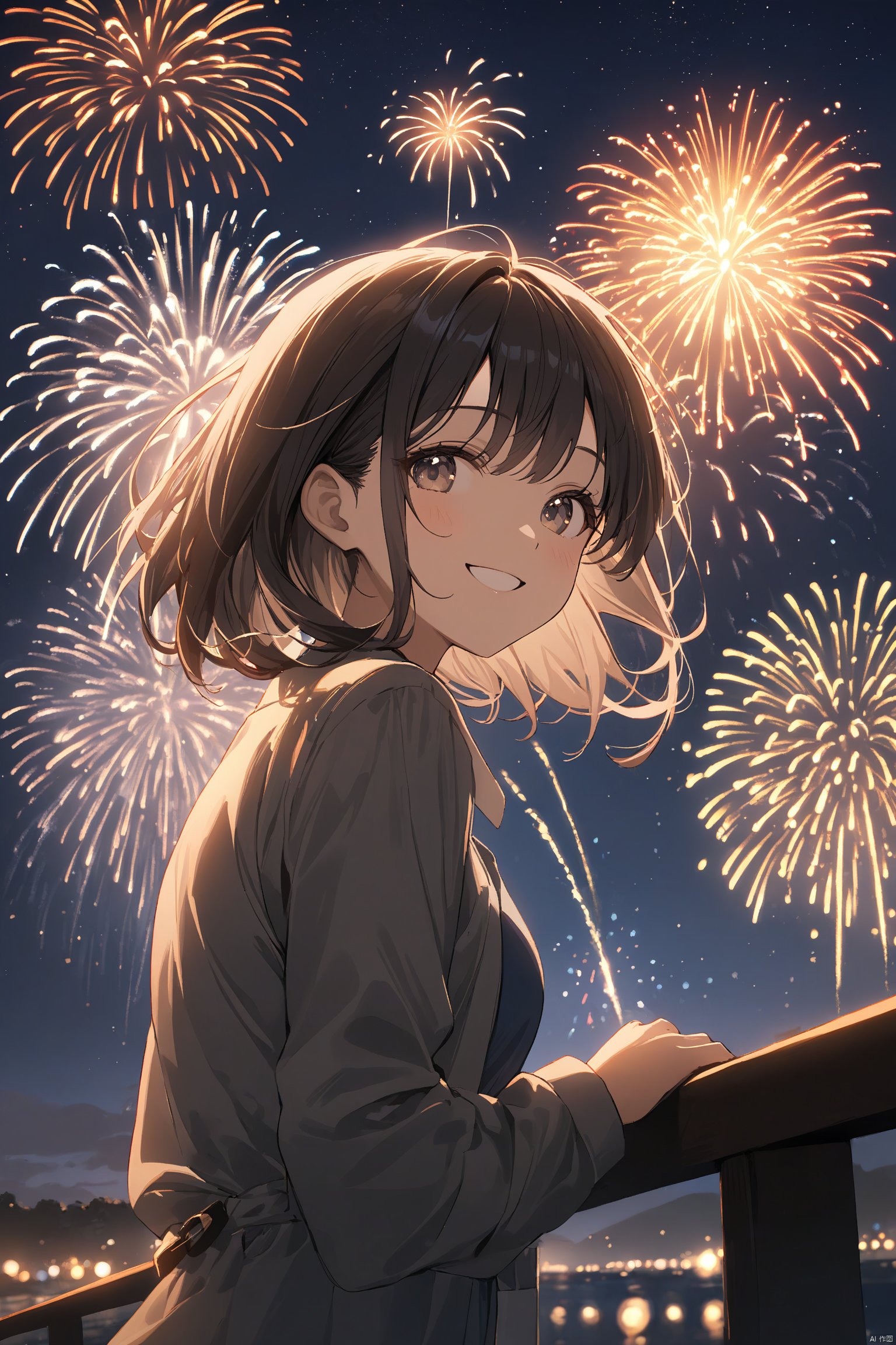 1girl,night,fireworks,smile,masterpiece,best quality,very aesthetic,extremely detailed