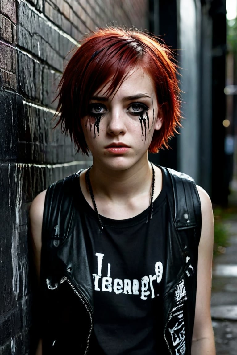 teenage girl on a backstreet alley, teary eyes, teenage outfit, black and red hair, serious fashion style, dark theme style, punk style, short hair, black background, black paint dripping heavily from eyes and mouth