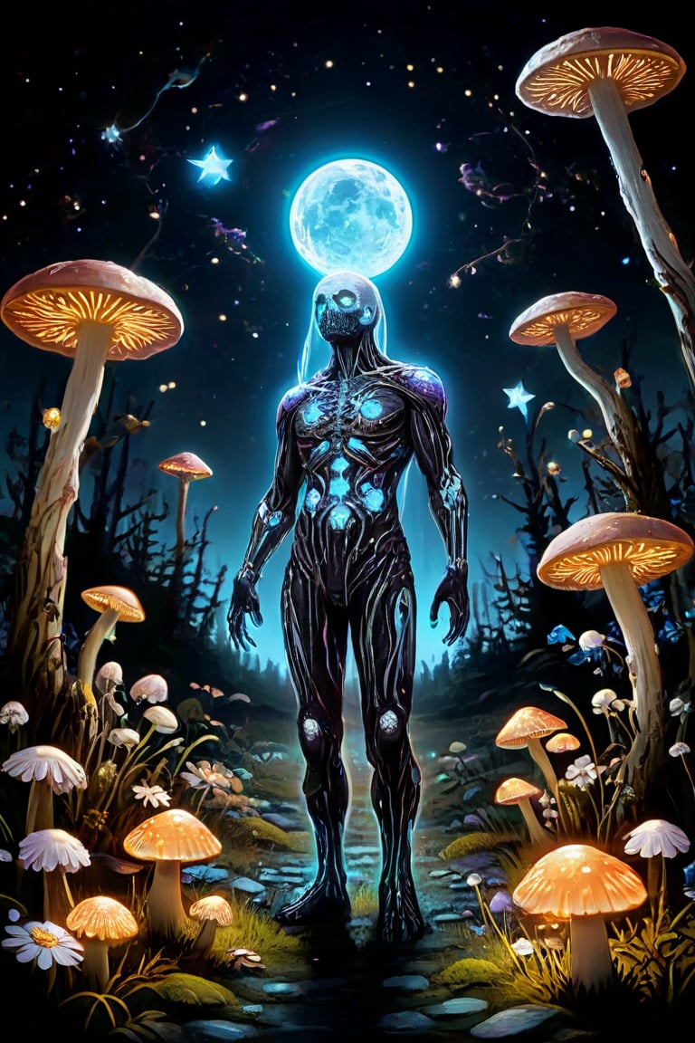 Bioluminescent planet covered in glowing flowers and mushrooms, two moons, glittering stars,ghost person