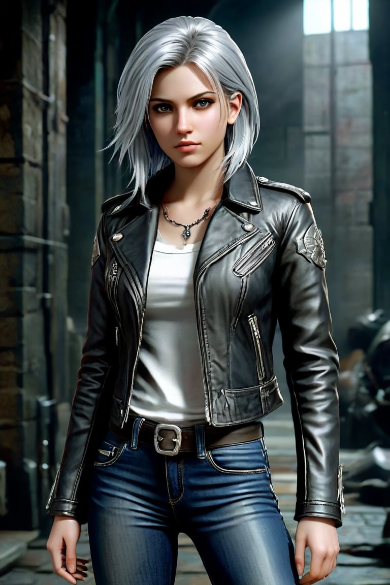 highly detailed, rpg style, beautiful young woman, 20 years old, metallic silver hair, casual shirt, leather jacket, jeans, boots, ultra detailed face, (very detailed hair), rebels shelter background, fusion of final fantasy videogame and dungeon & dragons realm, high contrast, flat colors, cel shaded, by Richard Anderson,Magical Fantasy style,3d toon style,portraitart