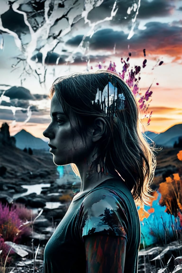 Masterpiece double exposure of a girl silhouette with monochrome apocalypse aftermath and a colorful natural landscape in the underlying backdrop, sharp contrast, detailed crisp lines, in focus, double exposure, by Skyrn99, high quality, high detail, high resolution