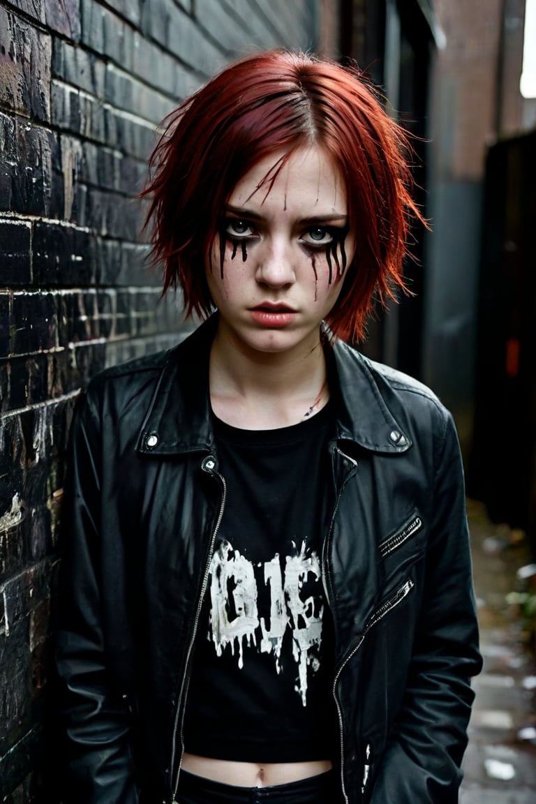teenage girl on a backstreet alley, teary eyes, teenage outfit, black and red hair, serious fashion style, dark theme style, punk style, short hair, black background, black paint dripping heavily from eyes and mouth