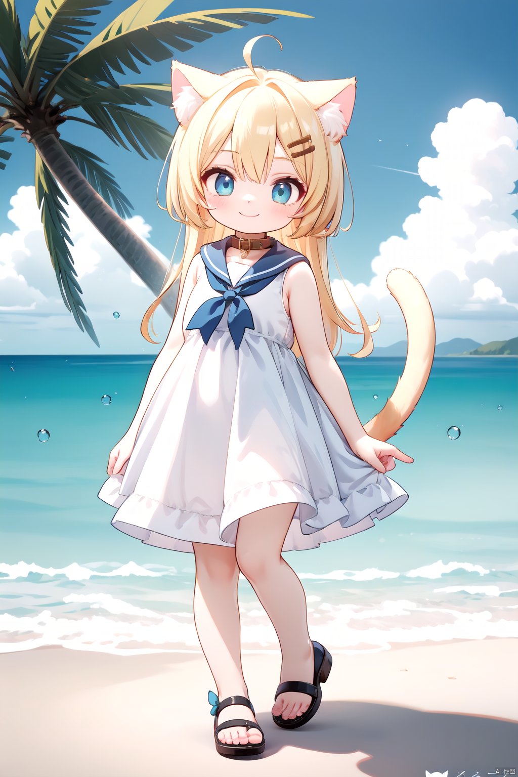 1girl, animal ear fluff, animal ears, blonde hair, blue sailor collar, blue sky, brown footwear, cat ears, cat girl, cat tail, cloud, day, dress, facing viewer, hair ornament, hairclip, horizon, long hair, ocean, outdoors, palm tree, sailor collar, sailor dress, sandals, sky, sleeveless, sleeveless dress, smile, solo, tail, tree, water, white dress,subsurface scattering