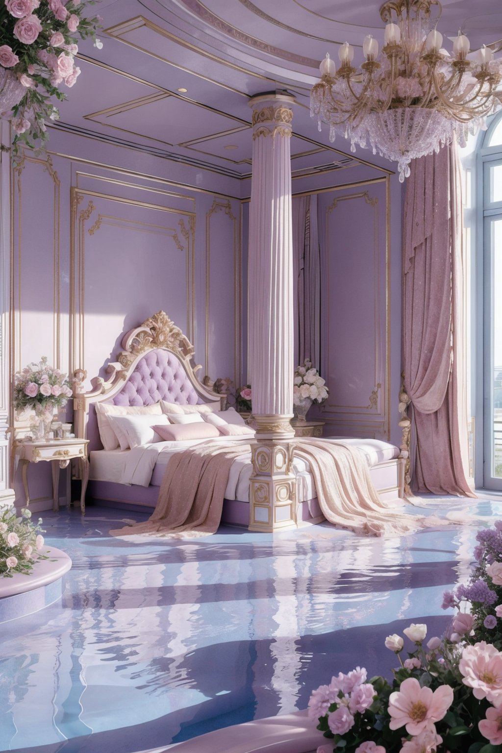 purple dream bedroom with flowers background , scene, realistic, blue pool center of the room