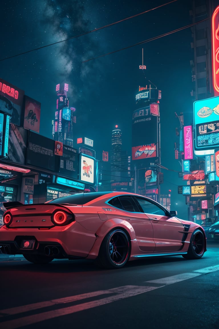 Realistic, Cinematic starry sky, futuristic tuner car, blue and pink and orange lighting , cyberpunk, neon lighting, aesthetic, city, cinematic, unreal engine    
     1girl  