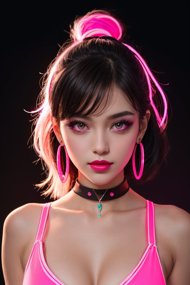 1girl, (glowing neon pink dress), glowing neon pink earrings, glowing neon pink choker, glowing neon pink lipstick, glowing neon pink makeup, brown eyes, short black hair, black background