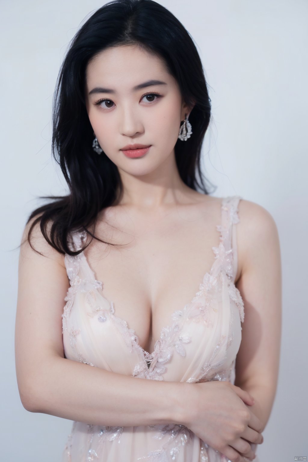 1girl, cleavage,hug breasts,Breast lateral leakage,earrings, solo, Low cut evening gown,jewelry, blue_background, realistic, upper_body, sleeveless, lips, long_hair, brown_eyes, big breasts, evening dress, looking_at_viewer, nose, black_hair,
( chiaroscuro,Fujicolor, UHD, super detail ,raw,85mm,f/1.2,FujifilmXT4,),