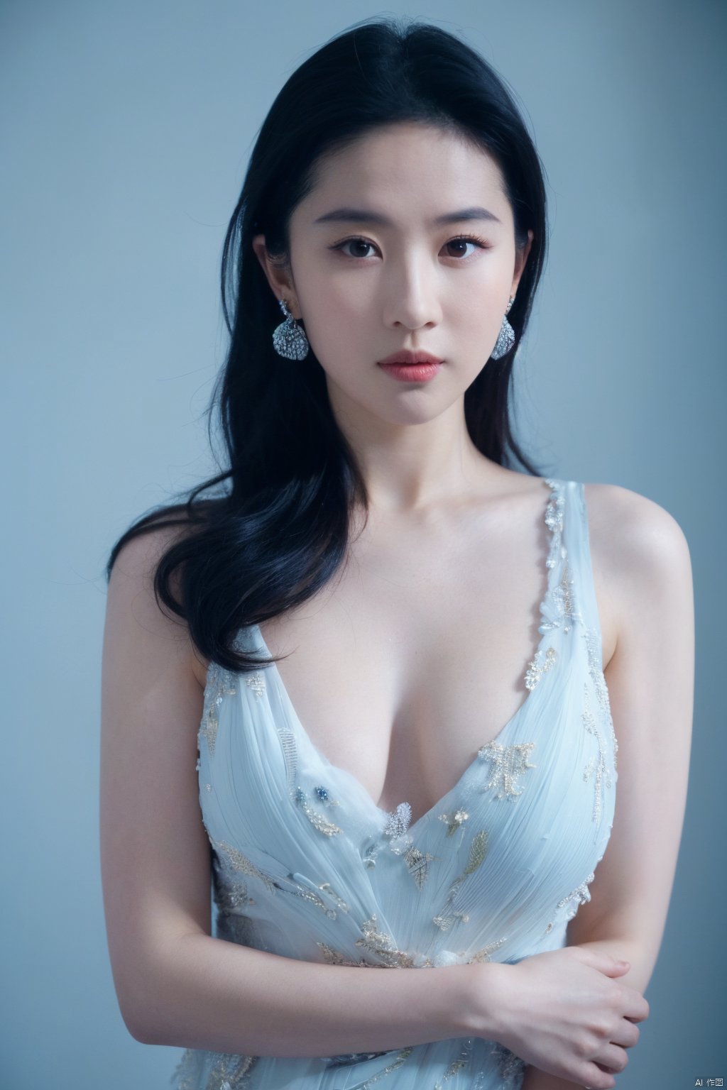 1girl, cleavage,hug breasts,Breast lateral leakage,earrings, solo, Low cut evening gown,jewelry, blue_background, realistic, upper_body, sleeveless, lips, long_hair, brown_eyes, big breasts, evening dress, looking_at_viewer, nose, black_hair,
( chiaroscuro,Fujicolor, UHD, super detail ,raw,85mm,f/1.2,FujifilmXT4,),