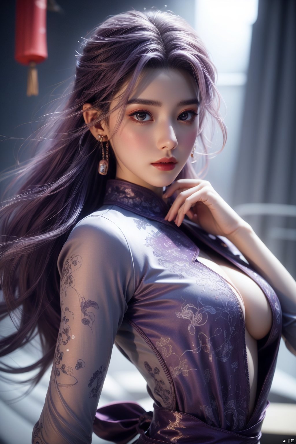  best quality,masterpiece,X-Yunxiao,1girl,solo,long hair,looking at viewer,jewelry,closed mouth,purple eyes,upper body,purple hair,earrings,blurry,blurry background,sunlight,red lips,(big breasts:1.3),X-Yunxiao,X-Hydrangea, traditional chinese ink painting,ll-hd