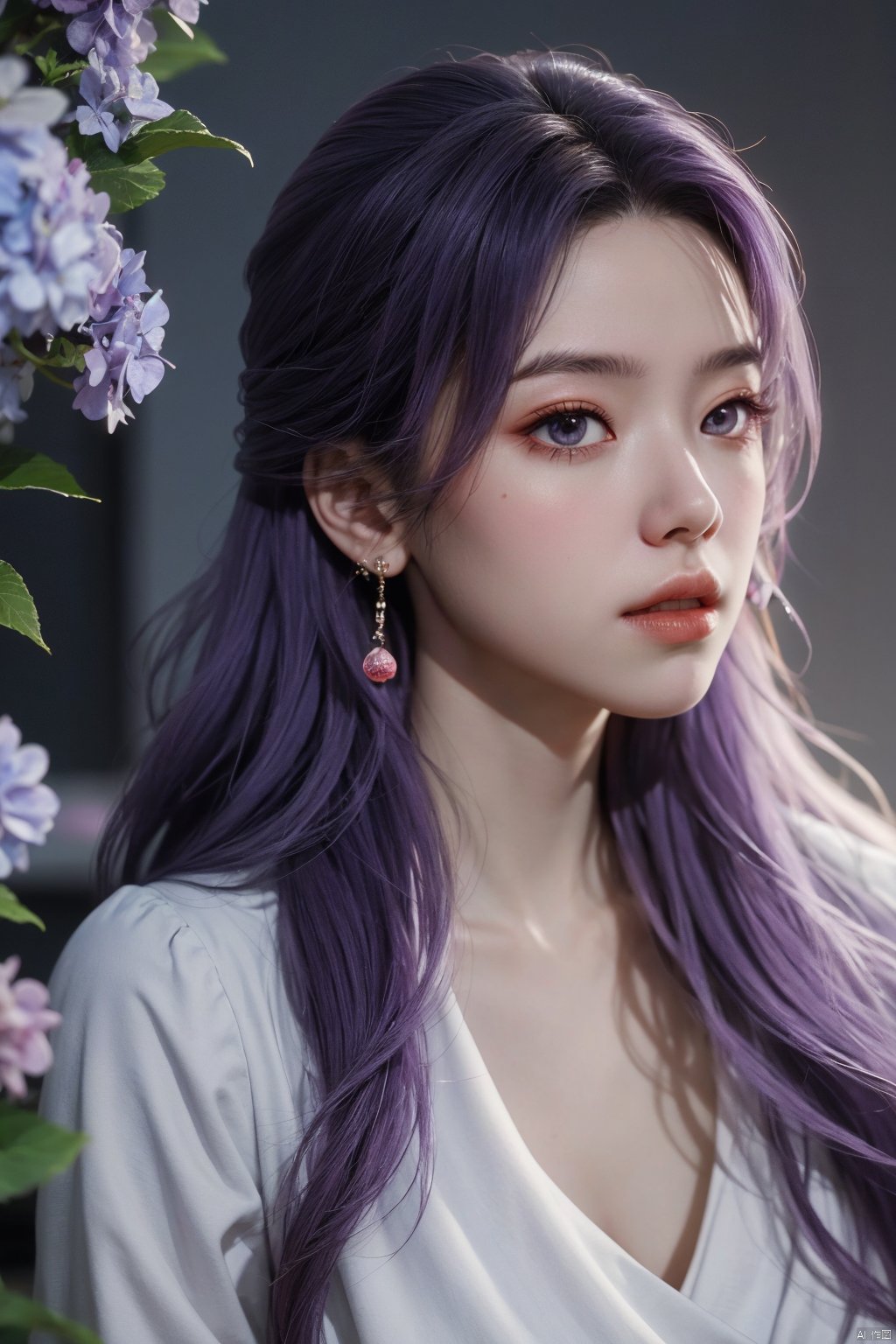  best quality,masterpiece,X-Yunxiao,1girl,solo,long hair,looking at viewer,jewelry,closed mouth,purple eyes,upper body,purple hair,earrings,blurry,blurry background,sunlight,red lips,(big breasts:1.39),X-Yunxiao,X-Hydrangea, traditional chinese ink painting,ll-hd