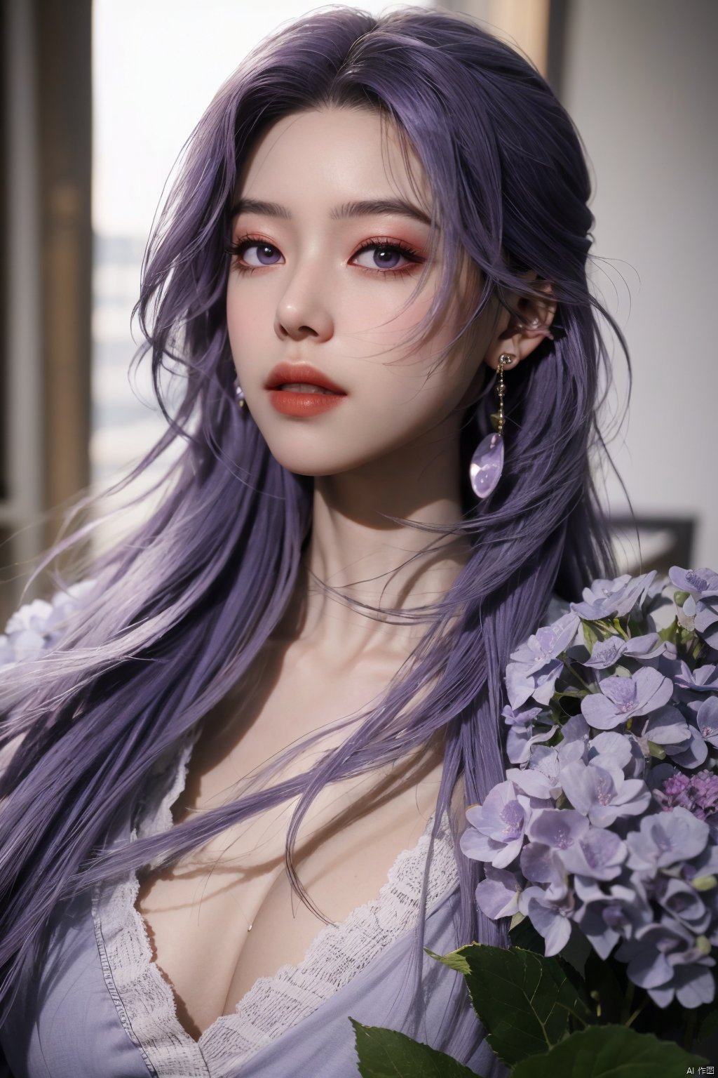  best quality,masterpiece,X-Yunxiao,1girl,solo,long hair,looking at viewer,jewelry,closed mouth,purple eyes,upper body,purple hair,earrings,blurry,blurry background,sunlight,red lips,(big breasts:1.39),X-Yunxiao,X-Hydrangea