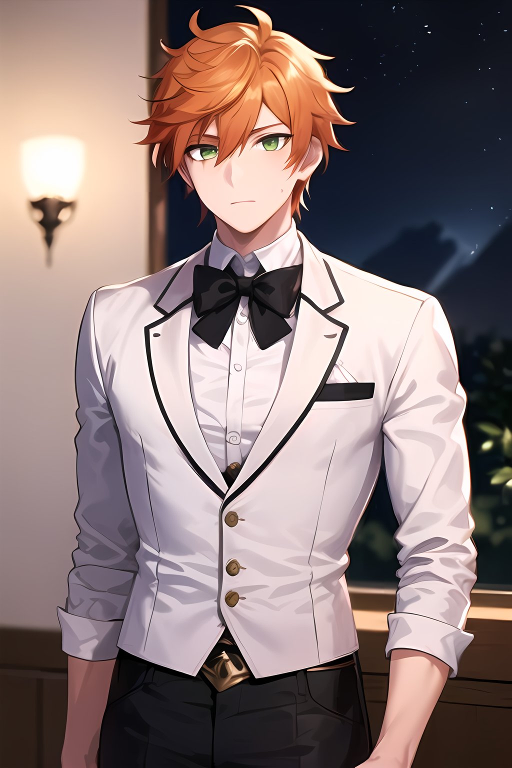 masterpiece, best quality,Looking away, solo, male, 1boy,upper body, Roi,Orange hair,Green eyes, {scar_on_eye}, dress_shirt, white_shirt, black_jacket, indoors, night, dark, bow tie,