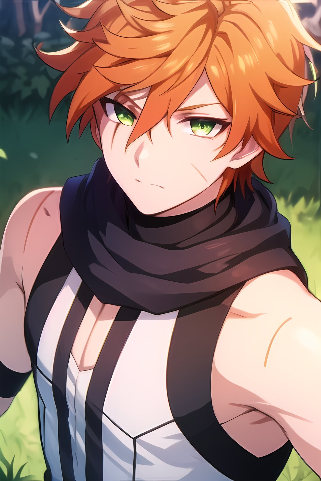 masterpiece, best quality,Looking at viewer, solo, male, 1boy,upper body, Roi,Orange hair,Green eyes, {scar_on_eye}, sleeveless, white_shirt, 