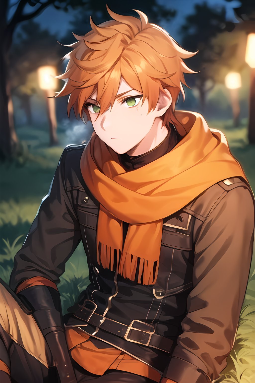 masterpiece, best quality,Looking away, solo, male, 1boy,upper body, Roi,Orange hair,Green eyes, (scar_on_eye:1), outdoors, camp fire, sitting_on the ground,heating, night, dark, 