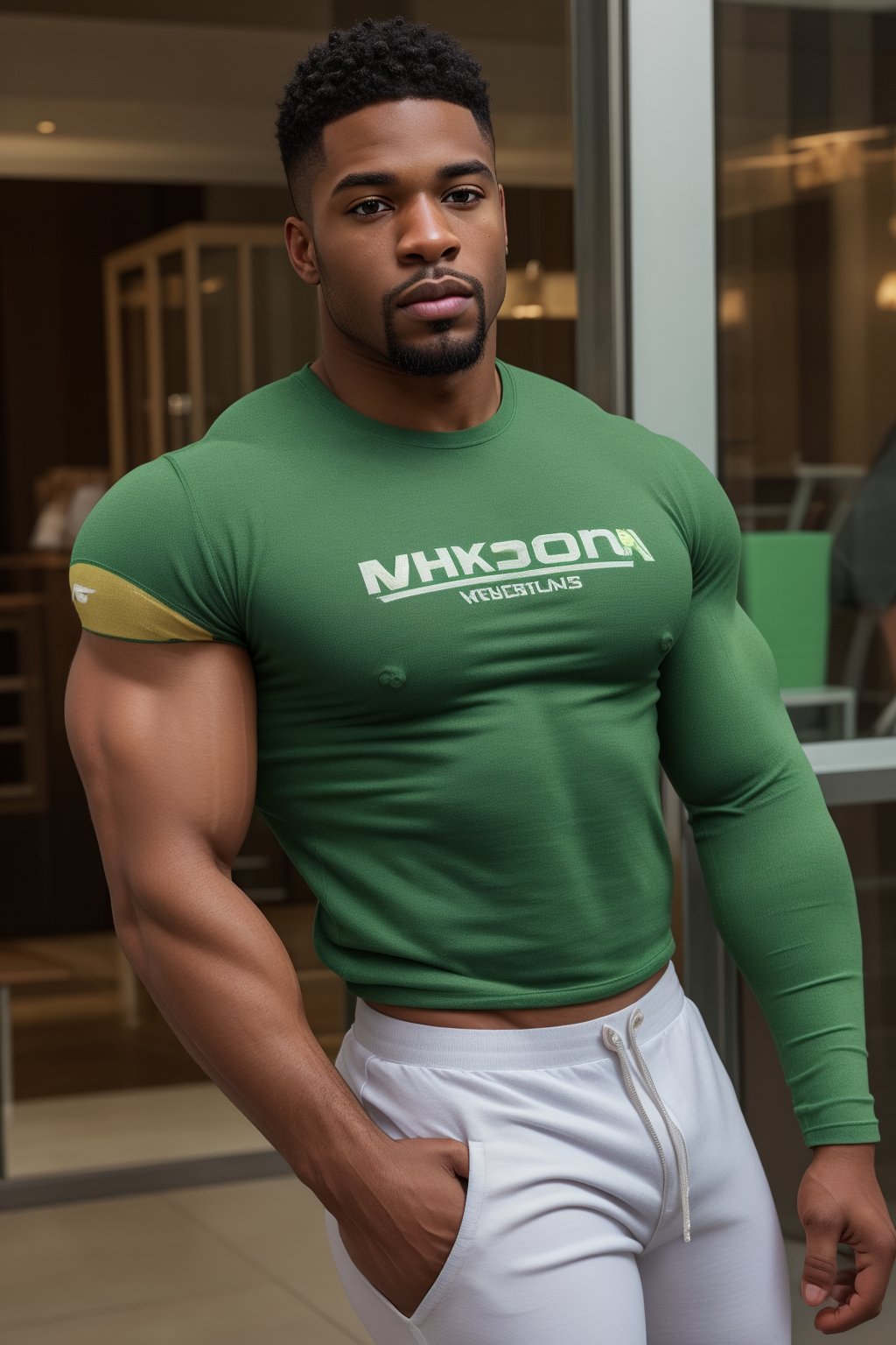 Handsome man, black man, thin muscle man, detailed face:1.4, dynamic poses, in public area, wearing t-shirts and green pants, realistic skin, Soft skin, matte skin, HDR, 8K, hyperrealistic, Hyper detailed muscle