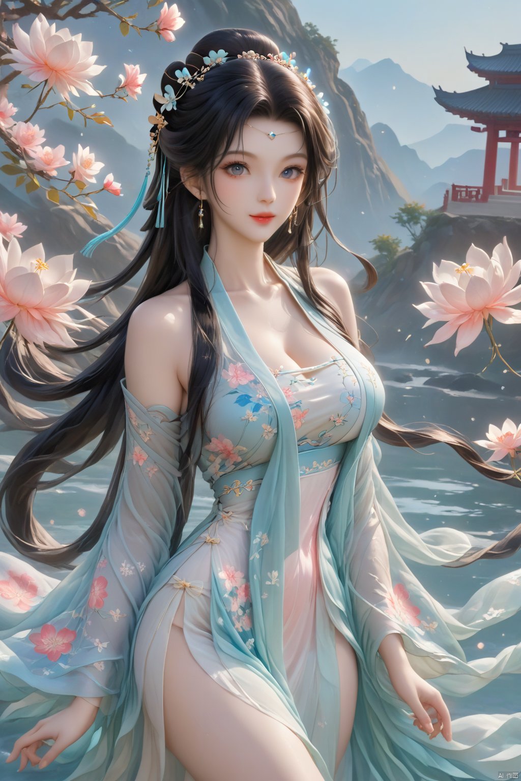 1girl, solo, flower, long hair, black hair, hair ornament, (big breasts:1.49),hair flower, blue eyes, floral print, chinese clothes, looking at viewer, detached sleeves, full body, white flower, parted lips, dress, pink flower, china dress, bare shoulders, blush, red flower, eyelashes, white dress, lips, sleeveless, parted bangs, grey background, gongzhuqie, neon_dress,huansha, glowing,lens flare,big leaf,plant, wind, chang,(big breasts:1.5), GUOFENG