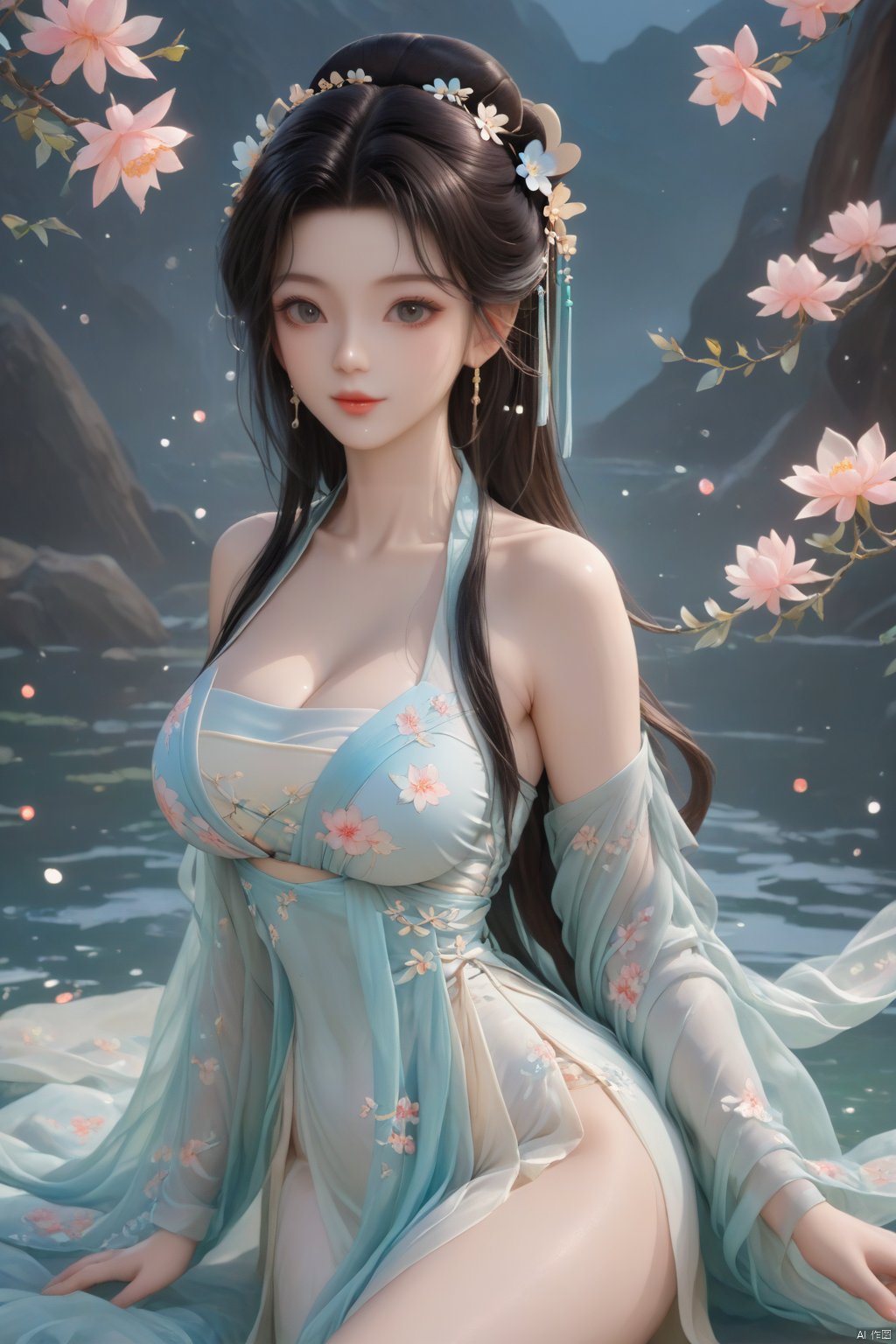 1girl, solo, flower, long hair, black hair, hair ornament, (big breasts:1.49),hair flower, blue eyes, floral print, chinese clothes, looking at viewer, detached sleeves, full body, white flower, parted lips, dress, pink flower, china dress, bare shoulders, blush, red flower, eyelashes, white dress, lips, sleeveless, parted bangs, grey background, gongzhuqie, neon_dress,huansha, glowing,lens flare,big leaf,plant, wind, chang,(big breasts:1.5), GUOFENG, song_hanfu