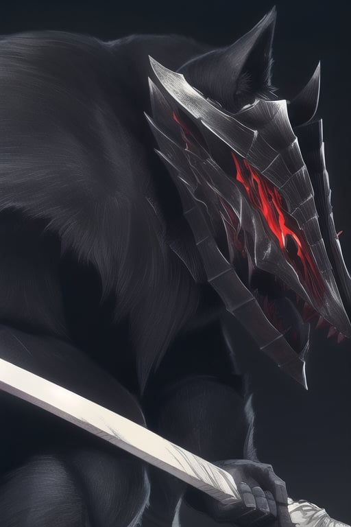 dark souls style), mature male, sword, pyrokinesis, cinder,,(berserk armor), ultra detailed, wolf shape helmet,berserk armor