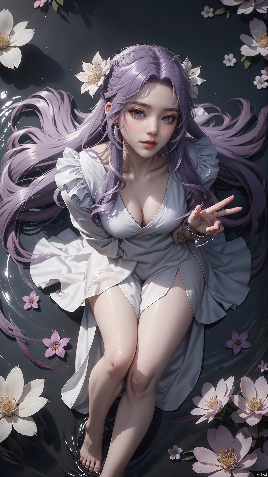  purple element,looking from above,above the knee,appear on camera,blue eyes,white_flower,XYunxiao