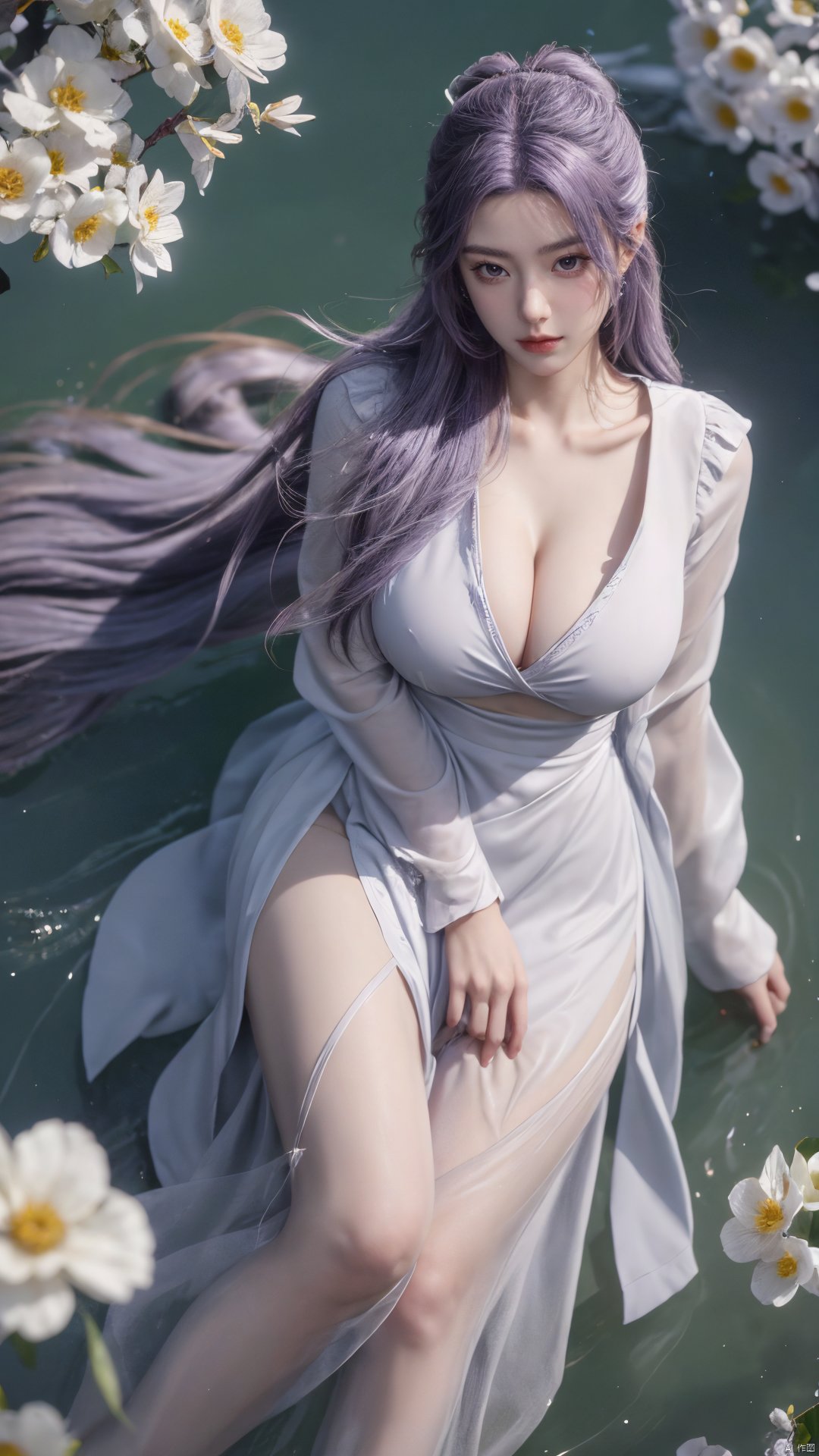  purple element,looking from above,above the knee,appear on camera,blue eyes,white_flower,XYunxiao,,(big breasts:1.19),1girl,moyou