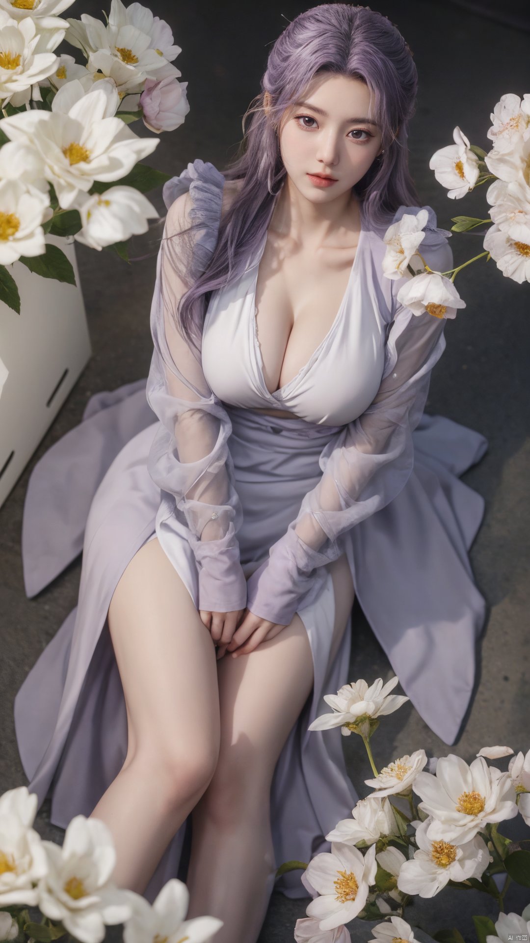  purple element,looking from above,above the knee,appear on camera,blue eyes,white_flower,XYunxiao,,(big breasts:1.19),1girl,moyou